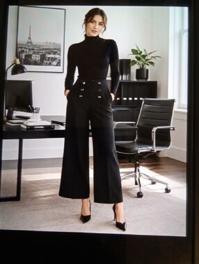 Karl Lagerfeld Black Wide-Leg High-Rise Trousers Sailor Button Expose Office Sz2
